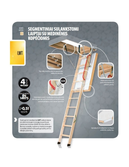 Segmentiniai sulankstomi laiptai su medinėmis kopėčiomis LWT 60x120cm, h 280cm FAKRO