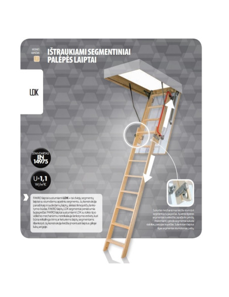 Segmentiniai sulankstomi laiptai su medinėmis kopėčiomis LDK 60x120cm, h 280cm FAKRO